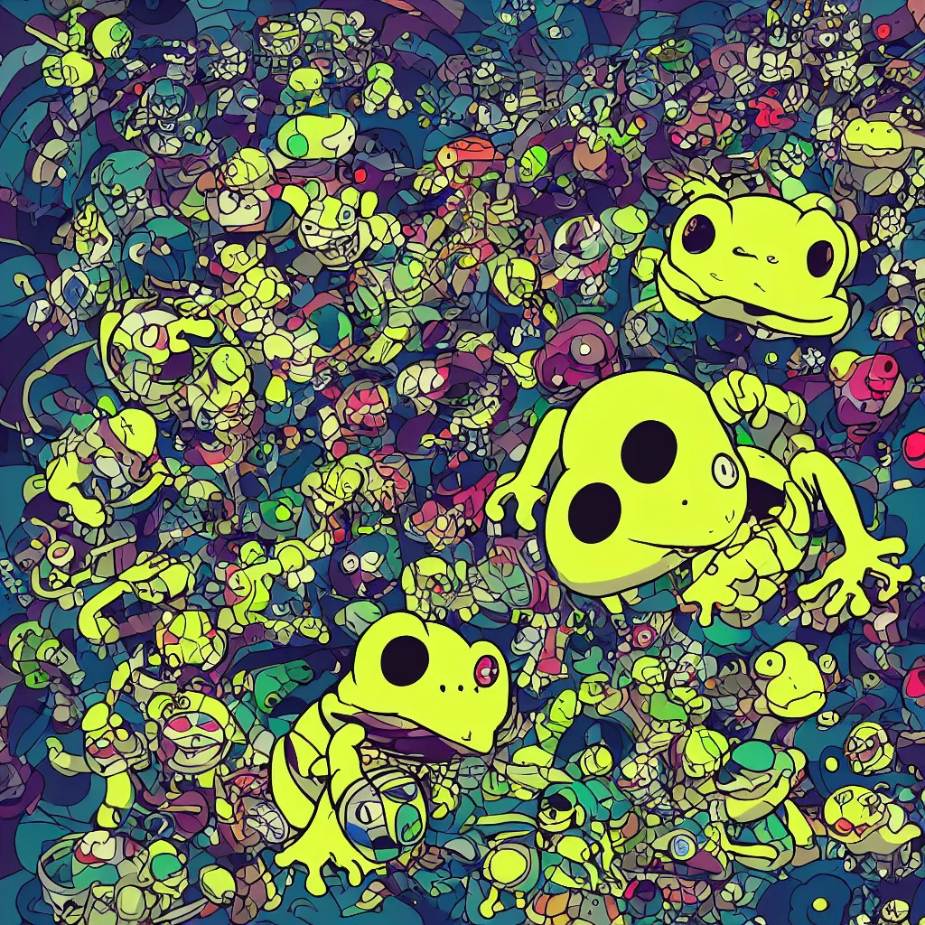 Image similar to toads, frogs, ryuta ueda artwork, breakcore, style of jet set radio, y 2 k, gloom, space, cel - shaded art style, indigo rainbow, data, minimal, takashi murakami artwork, code, cybernetic, dark, eerie, cyber