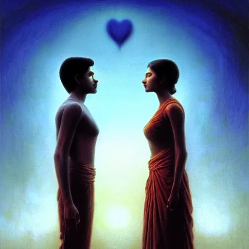 Image similar to perfectly - centered movie promotional poster portrait - photograph of a young indian guy and a beautiful girl side profile faces symmetrical ; real life portrait by beksinski and jean delville, romantic theme of two lovers sharing one heart, unreal engine 5, photorealism, hd quality, 8 k resolution, cinema 4 d, hdr dramatic cinematic lighting