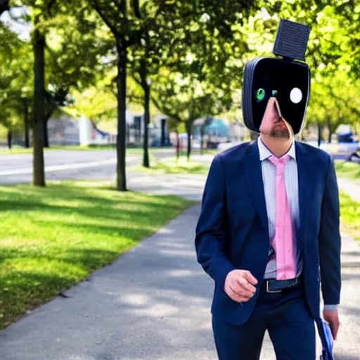 Prompt: a man in a suit wearing a tv on his head while walking