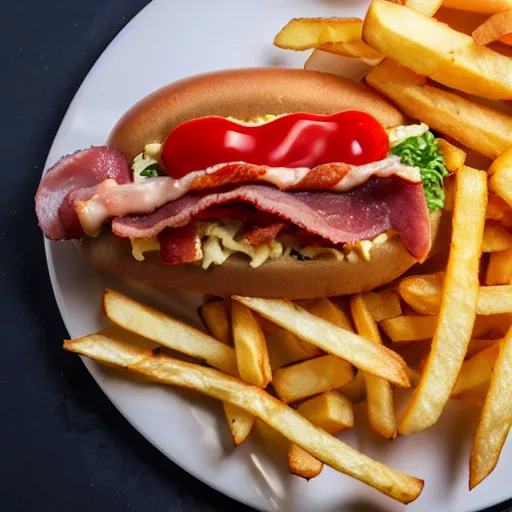 Prompt: professional photo of a plate with a hotdog sliced lengthwise with relish, cheese and bacon on top of it with a side of skin-on French fries and ketchup, 4k