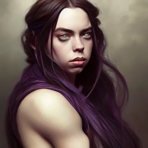 Image similar to portrait of billie eilish, muscular, upper body,big chest, D&D, fantasy, intricate, elegant, highly detailed, digital painting, artstation, concept art, matte, sharp focus, illustration, art by Artgerm and Greg Rutkowski and Alphonse Mucha