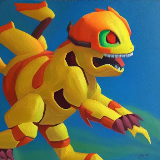 Image similar to agumon from digimon, oil on canvas