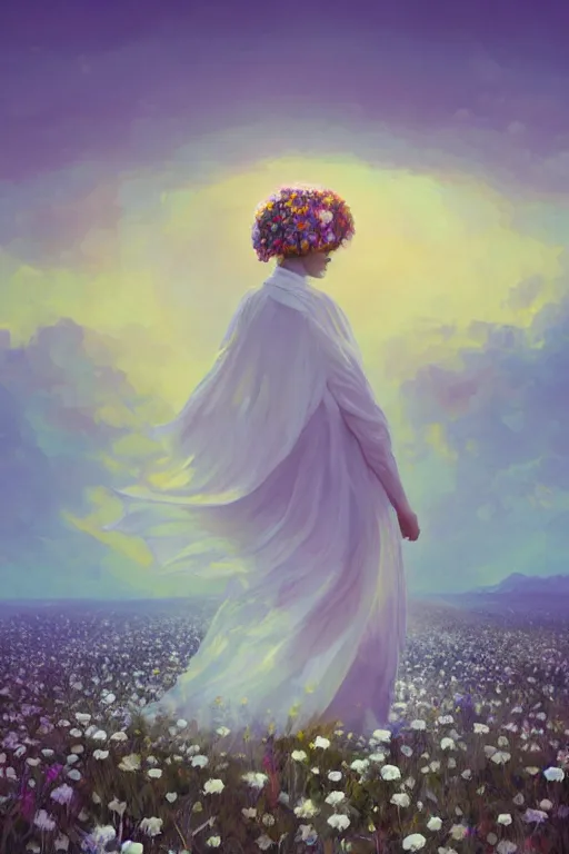 Image similar to giant white daisy flowers as face veil, girl walking in a flower field, surreal photography, sunrise, dramatic light, impressionist painting, colorful clouds, digital painting, artstation, simon stalenhag