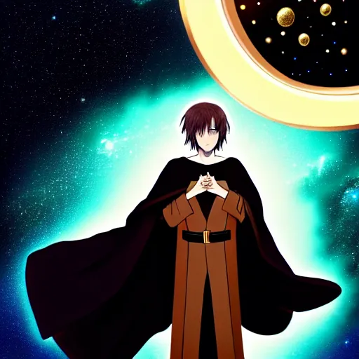 Prompt: a man with with brown hair, wearing a black robe with the tips made of gold, setting in space with a galaxy in the backround, anime, trending on artstation, high quality