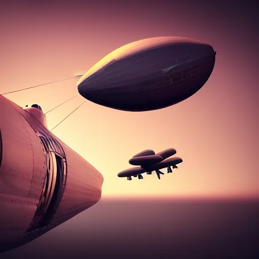 Prompt: photorealistic plane and blimp and airship dieselpunk art deco streamlined crimson sky by paul roman martinez, octane render, 3 d, highly detailed,
