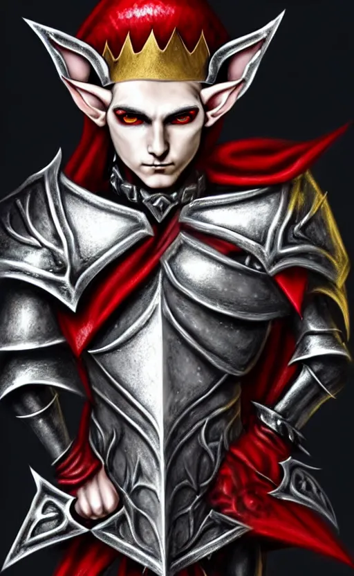 Prompt: A male elf, 20 years old, short silver hair, red eyes, spiked black metal crown with three round designs on the front side, black heavy armor with gold trim, red cape, lean but muscular, attractive, command presence, royalty, weathered face, smooth, sharp focus, illustration, concept art, highly detailed, muscle definition, fantasy paitning, ArtStation, ArtStation HQ