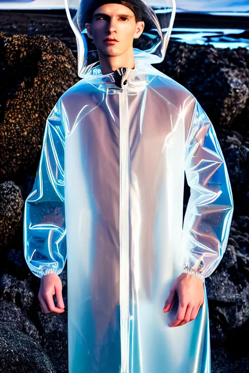 Image similar to an ultra high definition professional high fashion portrait studio full length photograph of a male model wearing a transparent pearlescent raincoat and neon visor in an icelandic black rock environment at dawn. no artefacts. extremely detailed. stark. refraction. shallow depth of field. volumetric light and shadow. ray tracing. light rays.