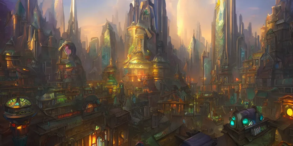 Image similar to A beautiful Arcane style cityscape by Tyler Edlin, Trending on artstation, highly detailed, atmospheric, directional lighting, cinematic