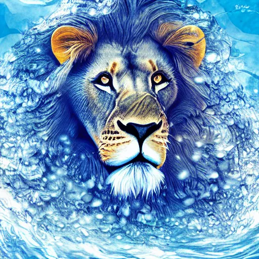 Prompt: a male lion's face breaching through a wall of water, water sprites, splashing, deep blue water color, highly detailed, realistic digital art