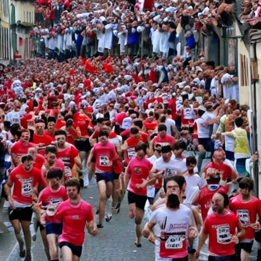 Image similar to the running of the bob rosses screaming in pamplona spain