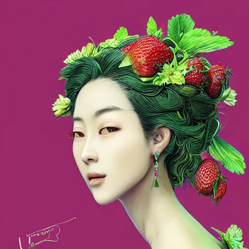 Image similar to the portrait of an absurdly beautiful, graceful, elegant, sophisticated asian woman made of strawberries and green petals, an ultrafine hyperdetailed illustration by kim jung gi, irakli nadar, intricate linework, bright colors, octopath traveler, final fantasy, unreal engine 5 highly rendered, global illumination, radiant light, detailed and intricate environment