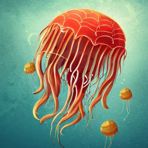 Prompt: hyperdetailed modern childrenbook illustration of a voluptuous elegant huge baroque jellyfish, swimming in the ocean. with interesting cyberpunk details. seen from the distance. hd matte halo