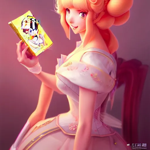 Prompt: 3 / 4 view of a portrait of princess peach, confident pose, genshin impact,, intricate, elegant, sharp focus, illustration, highly detailed, concept art, matte, trending on artstation, anime, art by wlop and artgerm and greg rutkowski, ilya kuvshinov, strong strokes, photo of princess peach h 6 4 0