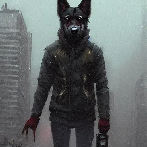 Prompt: new york city portrait of furry anthro anthropomorphic german shepard head animal person fursona wearing clothes strange cybernetic augmentations muzzle dystopian gloomy dark sad rainy cyberpunk digital art by Greg Rutkowski, Simon Stalenhag, trending on Artstation, CGSociety