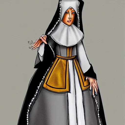 Prompt: female character design inspired by venice carnival and nun outfit | | art by greg rutswork and lois van barlee