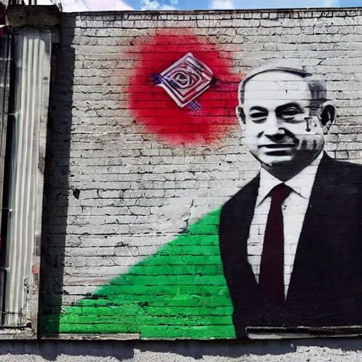 Image similar to benjamin netanyahu, graffiti, photograph, made by banksy, vivid colors, spray brush, midday, sunny, professional