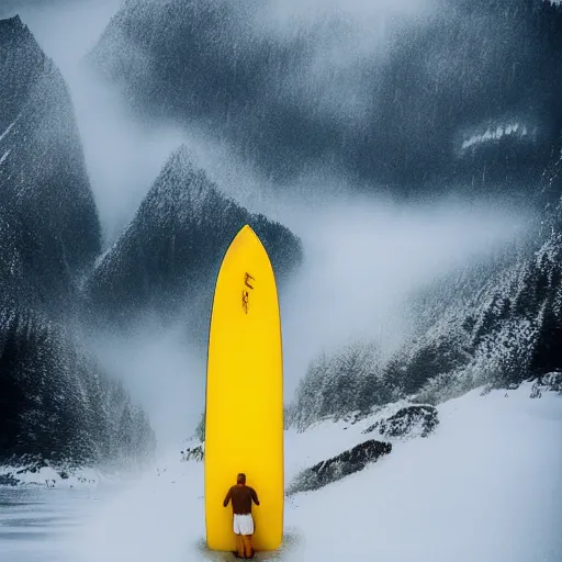 Prompt: man surfing a yellow surfboard down a snowy mountain, high quality digital art, dream-like atmosphere, fog, snow