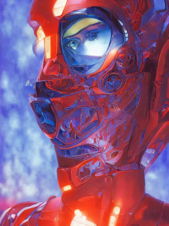 Prompt: symmetry!!! closeup portrait of a transparent beautiful cyborg girl angroid, shattered glass visor, glowing iris, cinematic light, backlight glow, red sky blue, mist, by mikhail vrubel, by philippe druillet, by peter elson, by gerald brom, muted colors, extreme detail, trending on artstation, 8 k