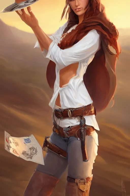 Image similar to full body, female cowgirl, perfect face, white blouse, holster, 8 k, magic the gathering, desert, d & d, artstation, high detail, smooth, sweaty character concepts by senior concept artist