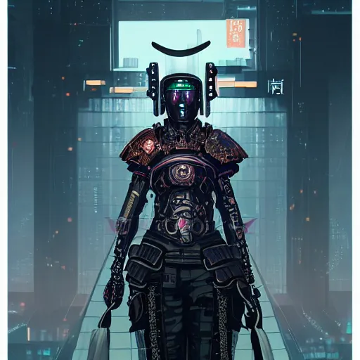 Image similar to portrait of a female cyberpunk samurai, black armored armor, at futuristic cyberpunk tokyo night, ssci - fi and fantasy, intricate and very very very beautiful, highly detailed, digital painting, artstation, concept art, smooth and sharp focus, illustration, art by tian zi and wlop and alphonse mucha