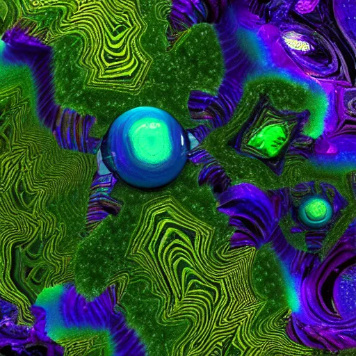 Image similar to prismatic stellar indigo arcane shoggoth gem with emerald marbling rendered in octane and mandelbulb 3 d