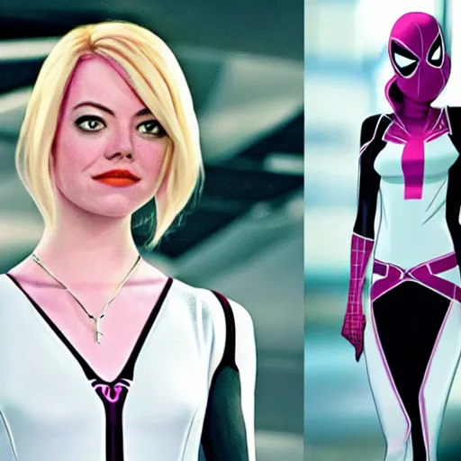 Prompt: Emma Stone as Spider-Gwen Ghost-Spider Gwen Stacey in the Marvel Cinematic Universe