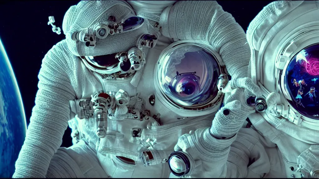 Image similar to a cybernetic symbiosis of a single astronaut eva suit made of wearing knitted yarn thread infected with diamond 3d fractal lace iridescent bubble 3d skin covered with insectoid compound eye camera lenses floats through the living room, film still from the movie directed by Denis Villeneuve with art direction by Salvador Dalí, wide lens,