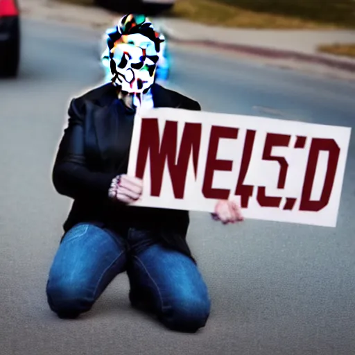 Image similar to elon musk begging money on streets holding sign'need money ', photorealistic, canon 3 5 mm photography
