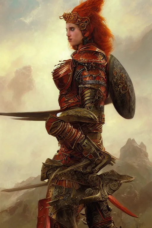 Image similar to beautiful female warrior, half body portrait, ginger hair, ornate armour, realistic oil painting by Thomas Cole and Wayne Barlowe