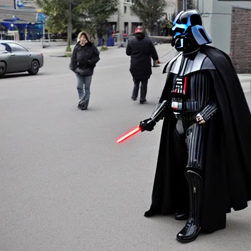 Image similar to darth vader waling on the streets of winnipeg