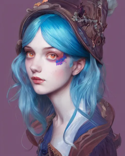 Image similar to symmetrical portrait of a pretty girl with blue hair dressed as alice in wonderland, digital painting, 8 k, concept art, art by wlop, artgerm, greg rutkowski and alphonse mucha