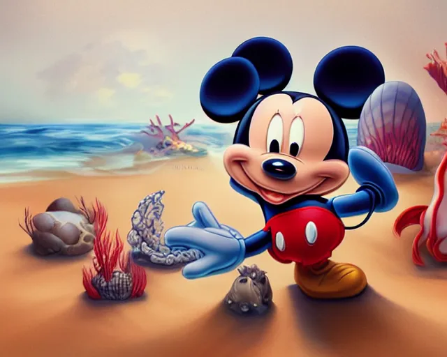 Image similar to Mickey mouse sitting next to terrifying sea creatures on a creepy beach, digital art, by Marta Dahlig, super detailed, artstation