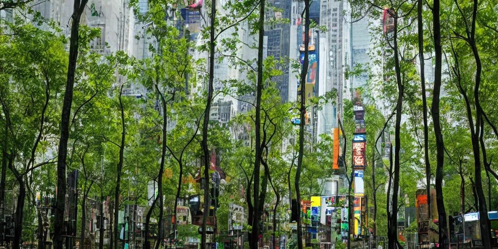 Image similar to new york, time square but on every screen there is a forest, overgrown with plants, natural lighting, beautiful composition