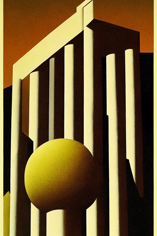 Prompt: Bauhaus Poster by Richard Corben, by René Magritte, greek doric column brutalist spomenik structure, surrealism