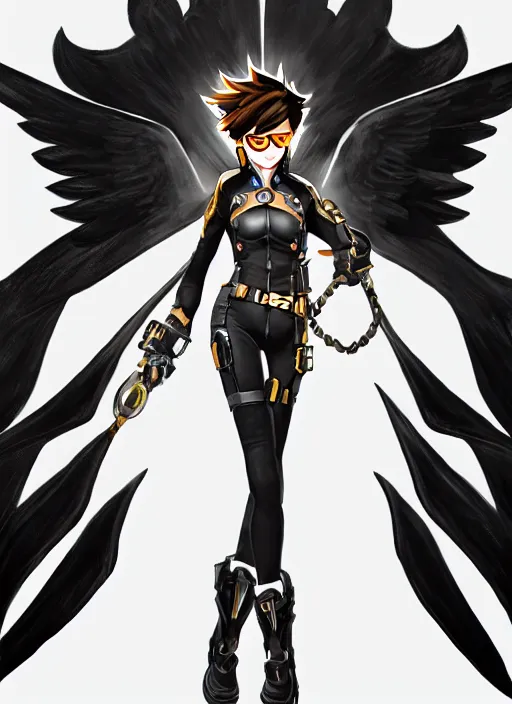 Image similar to full body artwork of tracer overwatch wearing leather collar, angel wings, dramatic painting, symmetrical composition, wearing detailed leather collar, black shiny armor, chains, black harness, detailed face and eyes,