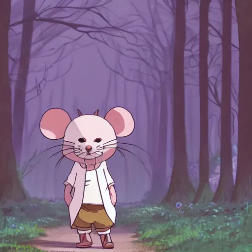 Image similar to an anthropomorphic mouse walking through a lush forest, studio ghibli, Bohemia, old world