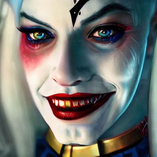 Image similar to Harley Quinn from the suicide squad, slim, smiling, portrait, fantasy, medieval, beautiful face, vivid colrs, elegant, concept art, sharp focus, digital art, Hyper-realistic, 4K, Unreal Engine, Highly Detailed, HD, Dramatic Lighting by Brom, trending on Artstation