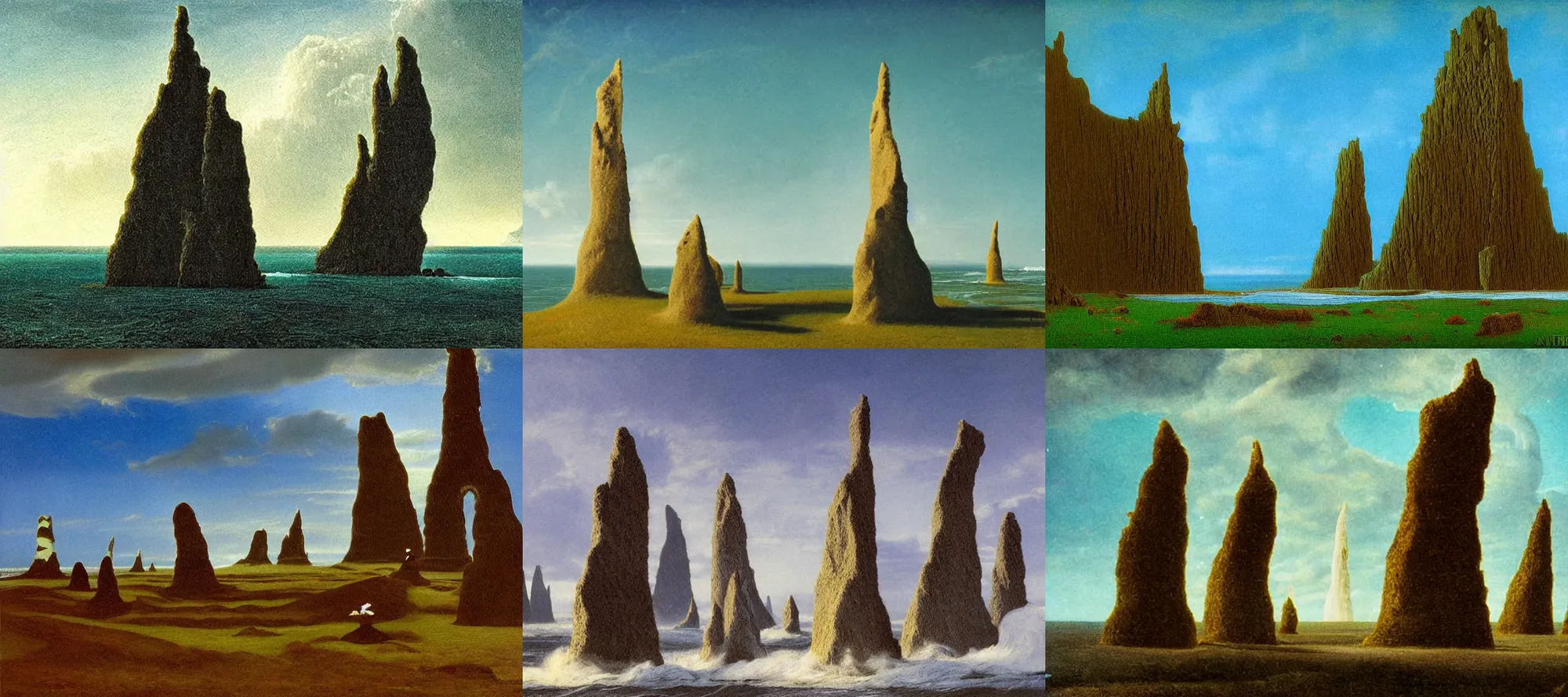 Prompt: reynisfjara in the style of dr. seuss, starships, painting by albert bierstadt