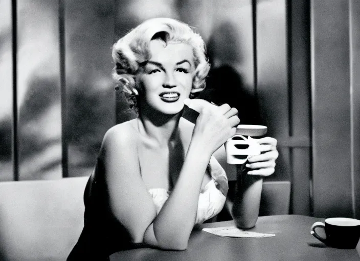 Image similar to A full-shot, color cinema film still of a marlin monroe drinking coffee at a starbucks, ambient lighting at night.