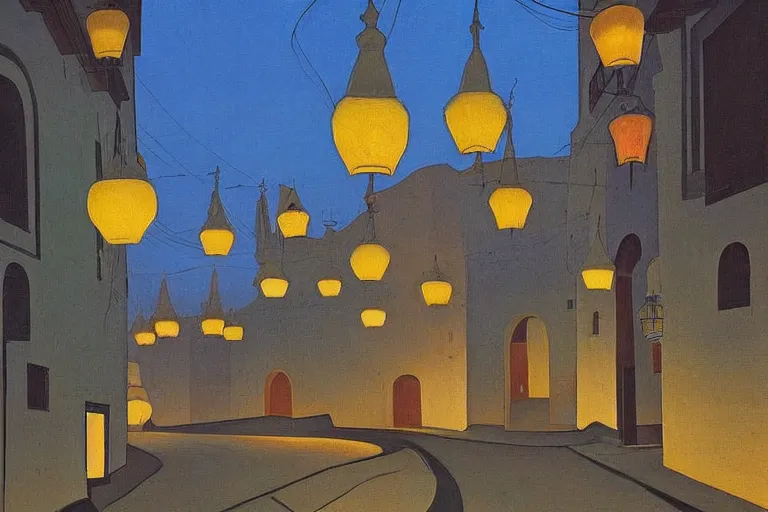 Prompt: winding street at midnight in a very old very beautiful city in saudi arabia by George Price Boyce and Nicholas Roerich and William Dyce, glowing paper lanterns, strong dramatic cinematic lighting , ornate tiled architecture, lost civilizations, smooth, sharp focus, extremely detailed