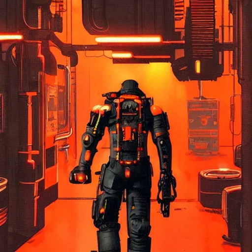 Image similar to mechanic wearing cyberpunk 2 0 7 7 industrial mechanical arms. orange and black color scheme. concept art by james gurney and mœbius.