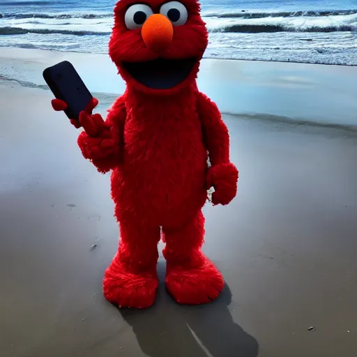 Image similar to elmo taking a selfie, iphone 6 s, beach,