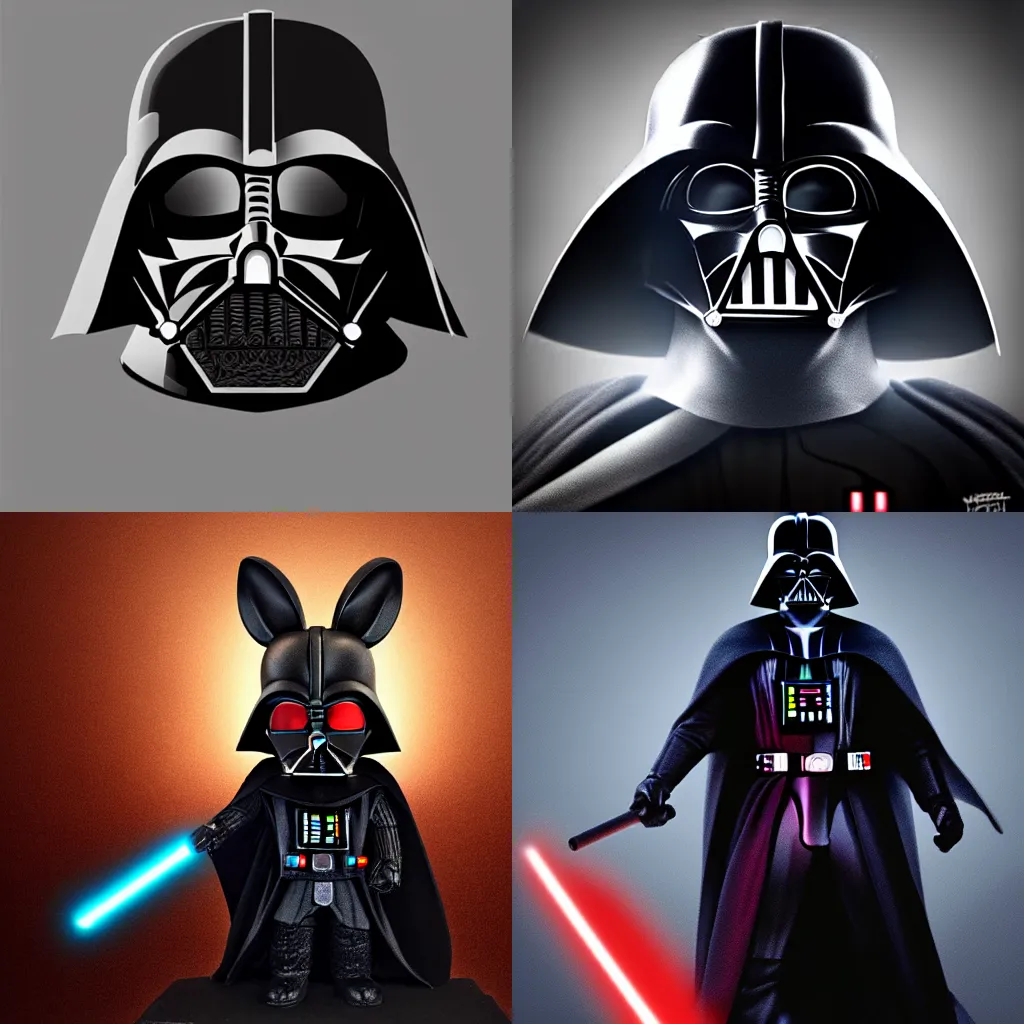 Prompt: Darth Vader as a rabbit. Photo realistic, high detail, dynamic lighting, volumetric lighting