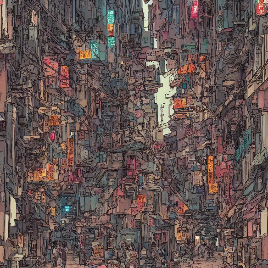 Prompt: a cyberpunk hong kong alley with robots and humans walking around by moebius