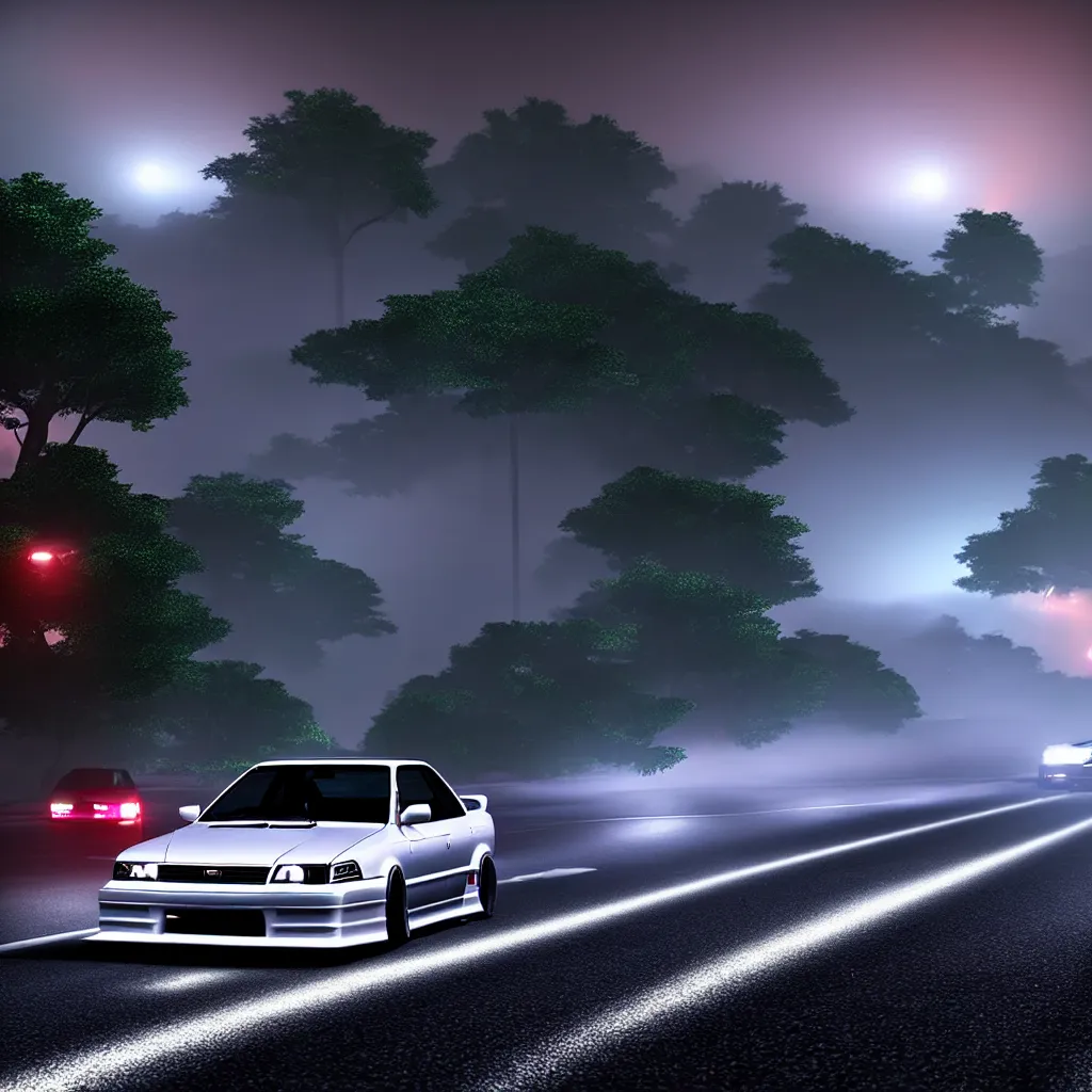 Prompt: a car JZX100 twin turbo drift in middle of road, Gunma prefecture, city midnight mist lights, cinematic lighting, photorealistic, detailed alloy wheels, highly detailed