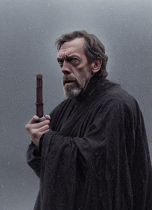 Image similar to hugh laurie as obi vam kenobi, long sleeve, confident, fog, rain, volumetric lighting, sharp focus, ultra detailed, cgsociety by leesha hannigan, ross tran, thierry doizon, kai carpenter, ignacio fernandez rios, noir art house,