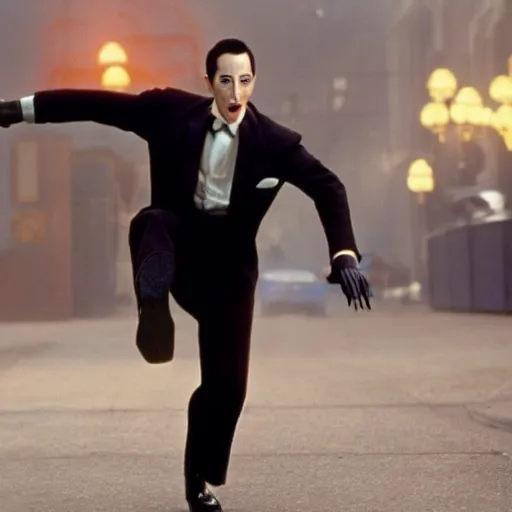 Image similar to pee wee herman as an agent from the matrix, movie still, action shot, 4 k, ultra realistic, highly detailed,