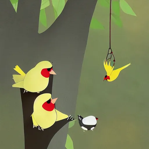 Prompt: Goldfinch collecting food from the ground for its young that are in a large tree, ilustration art by Goro Fujita