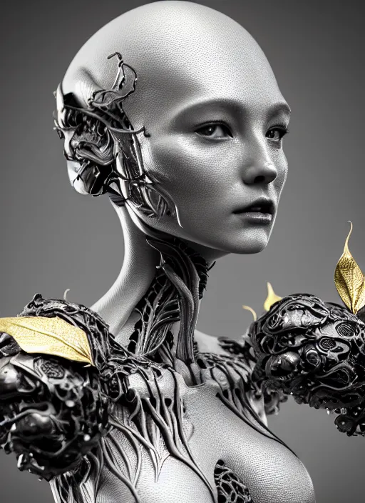 Image similar to bw contrasted close - up profile face, black background, beautiful young porcelain vegetal - dragon - cyborg - female, 1 5 0 mm, beautiful natural soft rim light, silver gold details, magnolia leaves and stems, roots, mandelbot fractal, elegant, ultra detailed, white metallic armour, octane render, h. r. giger style