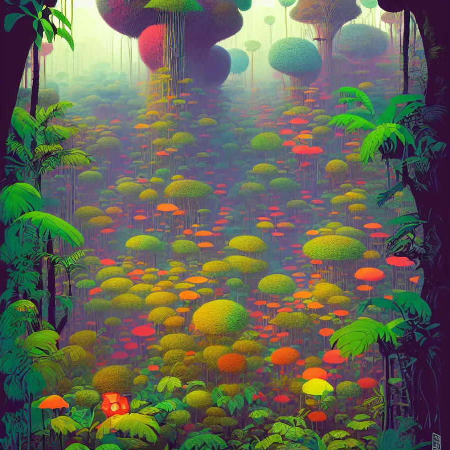 Image similar to surreal glimpse, malaysia jungle, summer morning, very coherent and colorful high contrast art by gediminas pranckevicius james gilleard james gurney floralpunk screen printing woodblock, dark shadows, pastel color, hard lighting, stippling dots, art nouveau